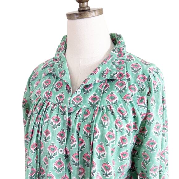 Marea Green & Pink Floral Print Blouse Small 100% Cotton Button Up Bubble Sleeve - Picture 2 of 9